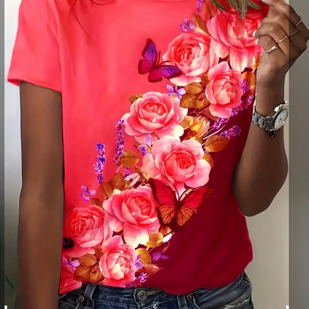 Women's Pink & Black Floral Butterfly Colorblock Tee - Picture 4 of 4